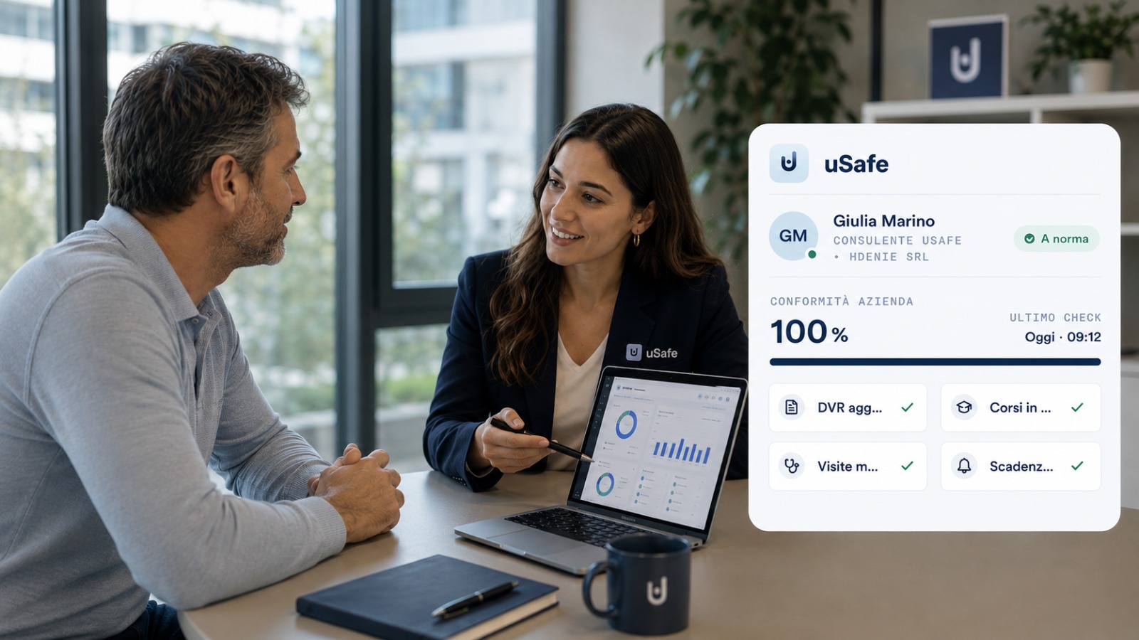 Imprenditore sorridente usa uSafe: dashboard con DVR, corsi, scadenze e idoneità mediche tutti in regola